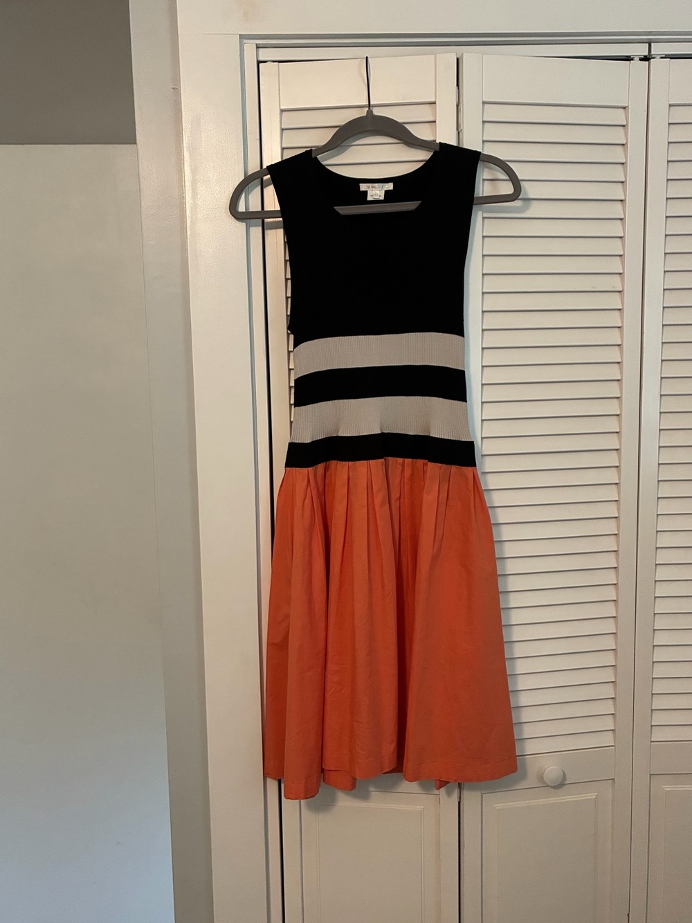 Sleeveless Black & Orange Striped Fit-and-Flare Dress
